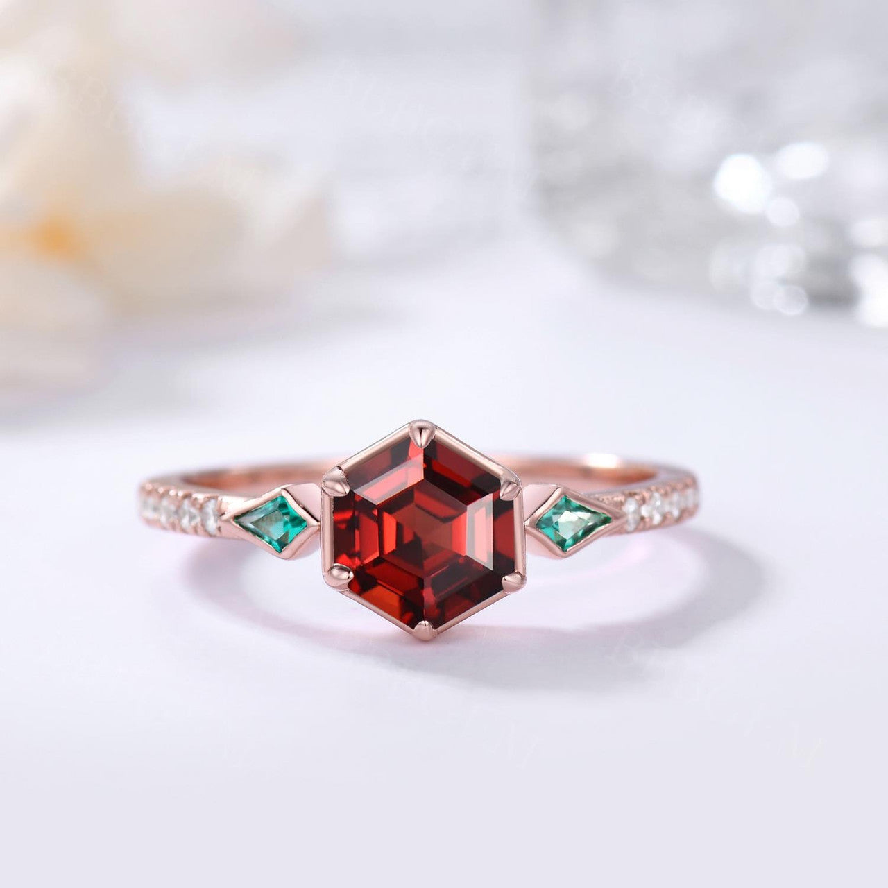 Hexagon Garnet Engagement Ring With Kite Cut Lab Emerald Side Stones Three stones bezel set natural garnet and emerald wedding ring