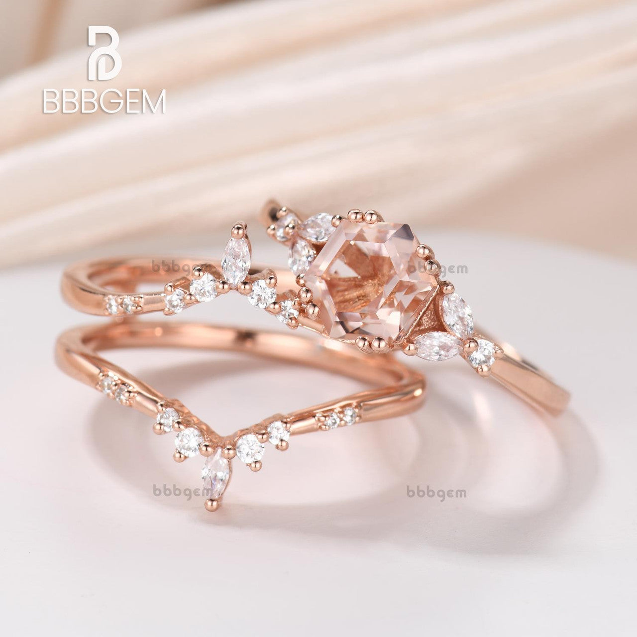 Hexagon Morganite Engagement Ring Set-Enhancer Ring for Hexagon Gemstone-Diamond Ring Wraps & Enhancer Ring Set-bbbgem