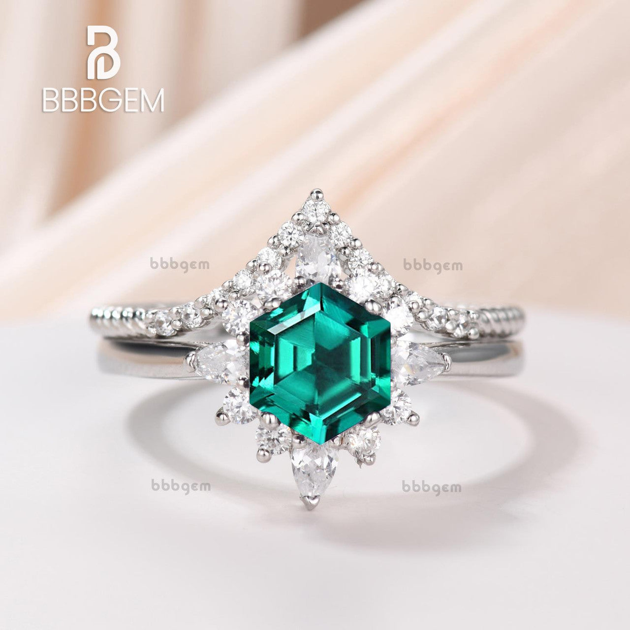 Hexgon Lab Emerald Silver Ring Set White Gold Curved Elongated Rope Diamond Ring Hexagon Cut Emerald Jewelry