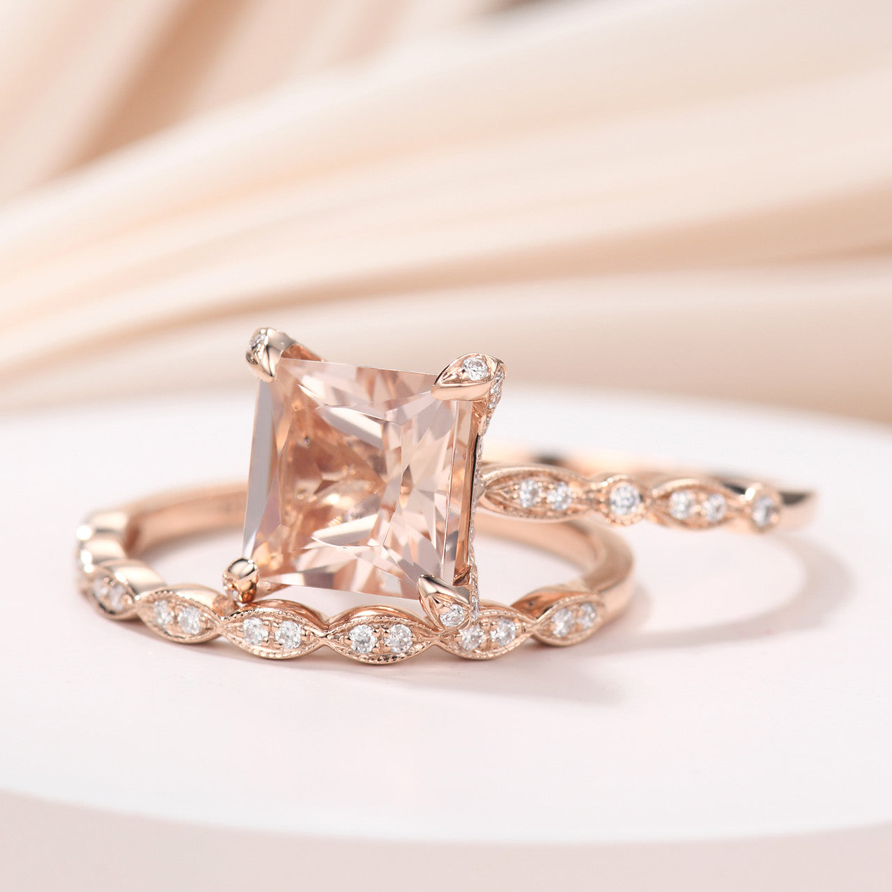 Princess Cut Morganite Hidden Diamond Halo Wedding Ring Set 14K Rose Gold Statement Ring