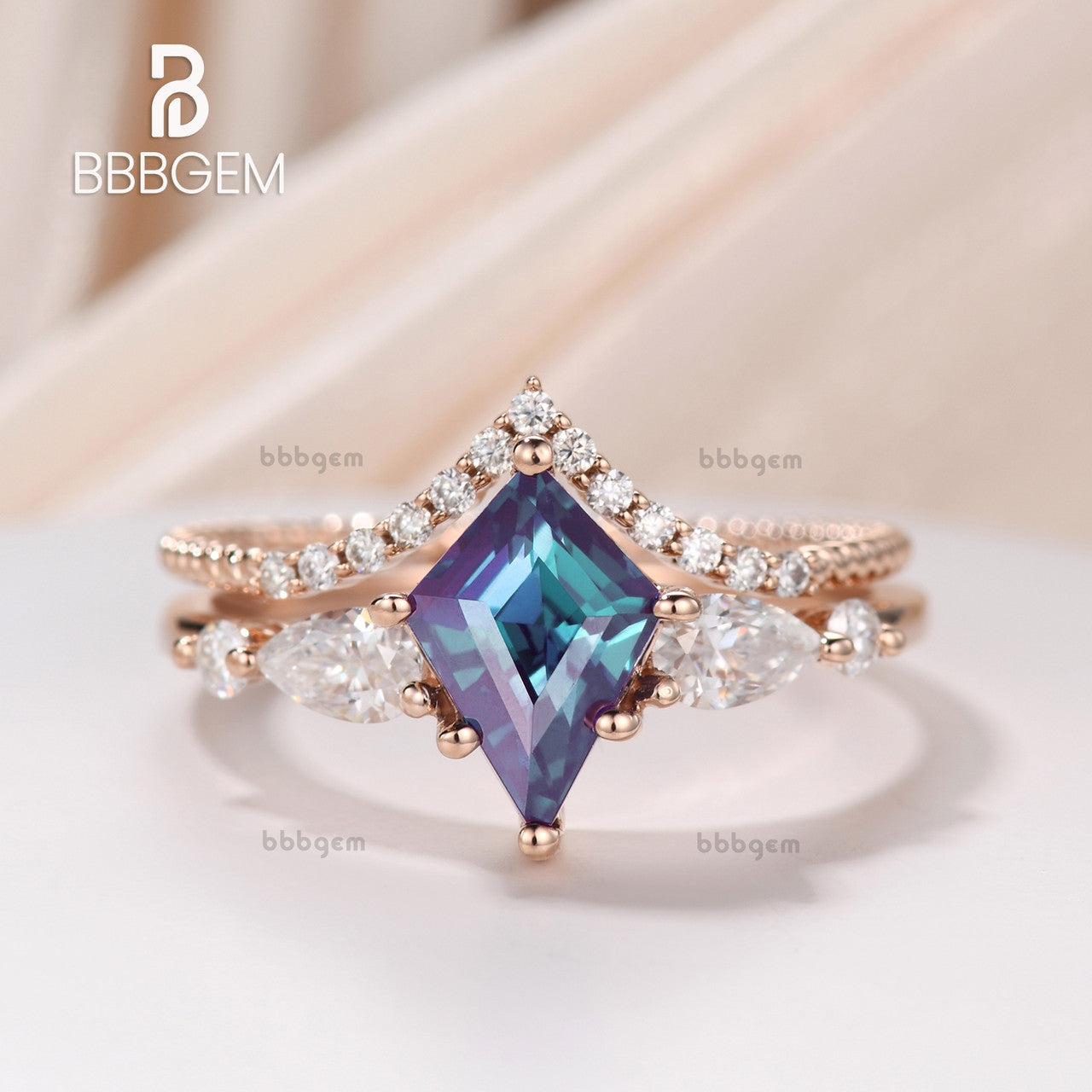 Kite Alexandrite three stone wedding ring set -Unique Alexandrite Engagement Ring Set 2pcs-unique Alexandrite engagement ring set bbbgem jewelry