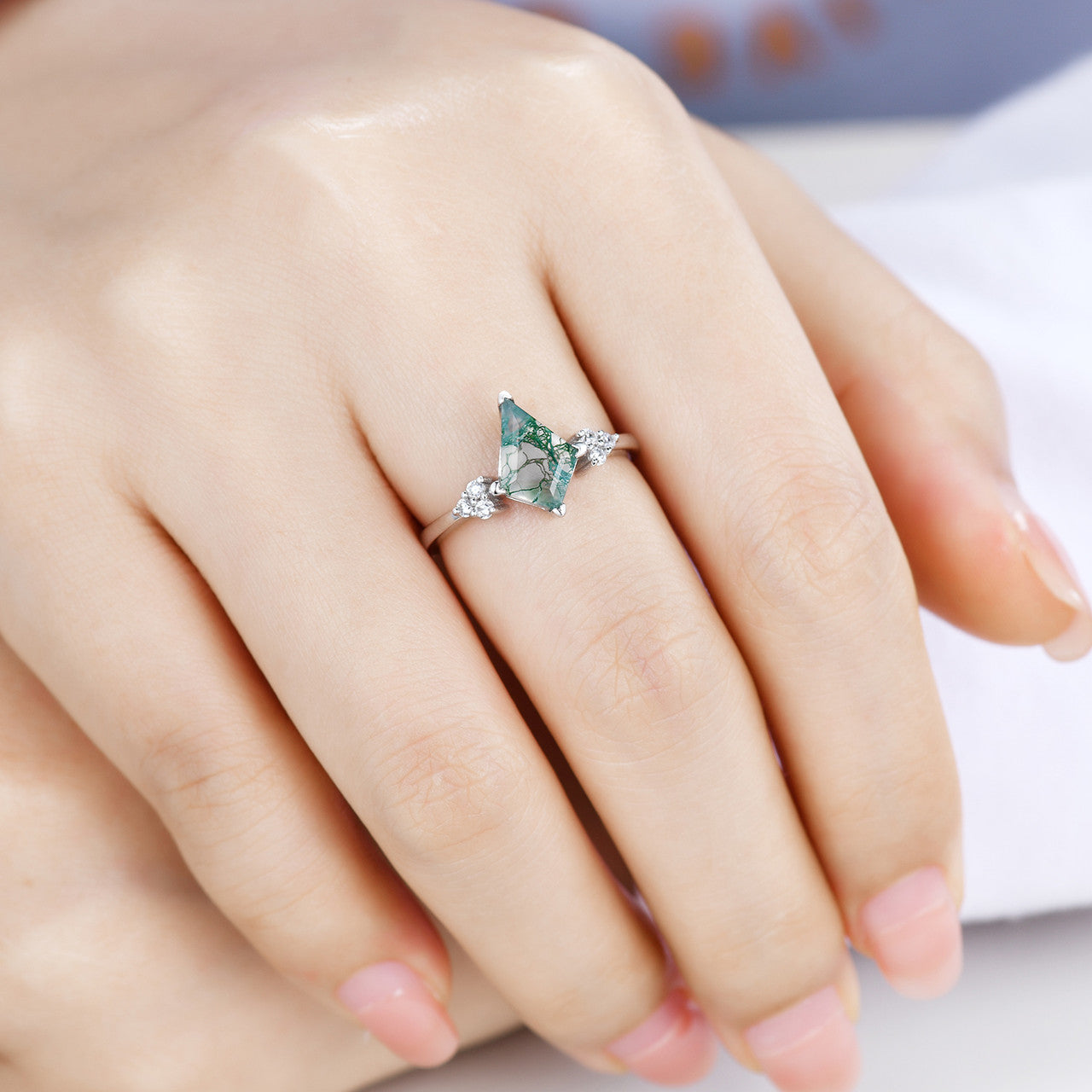 Kite Cut Mossy Engagement Ring White Gold-Kite Shape Cluster Moss Agate Engagement Rings-BBBGEM Aquatic Moss Agate Wedding Rings