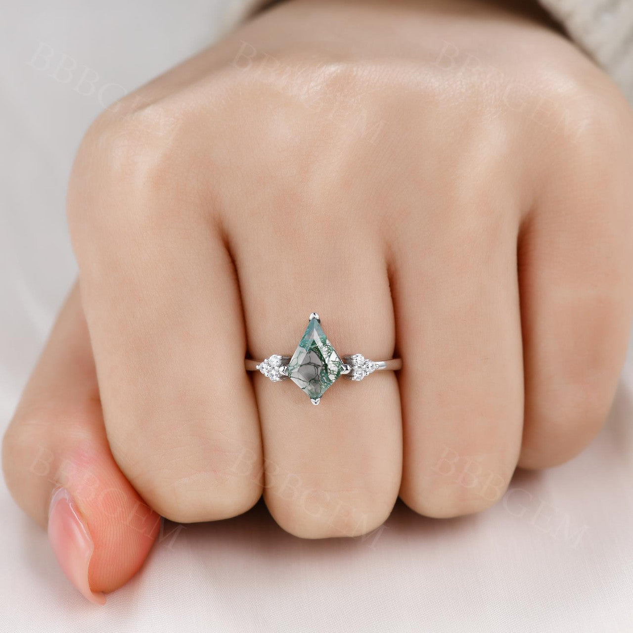Kite Cut Mossy Engagement Ring White Gold-Kite Shape Cluster Moss Agate Engagement Rings-BBBGEM Aquatic Moss Agate Wedding Rings