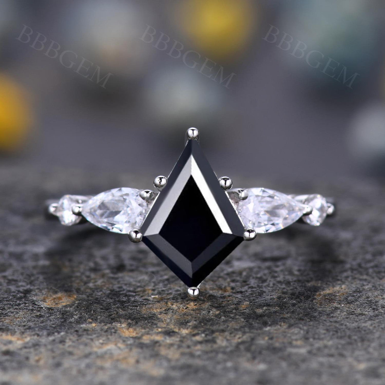 Kite Shaped Onyx Ring-lozenge black onyx engagement ring with pear moissanite diamond-bbbgem black onyx jewelry women