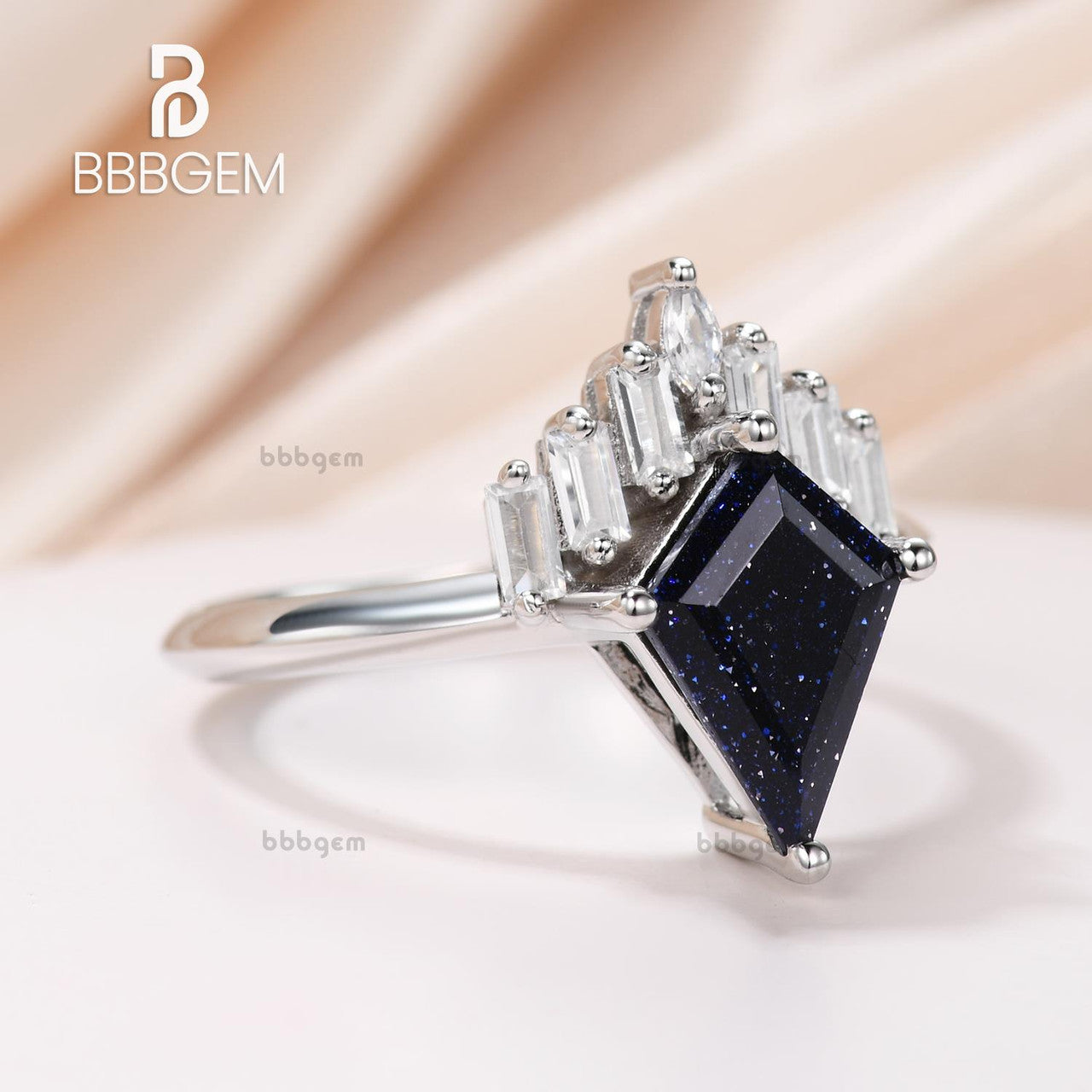 Knife-Edge Kite Blue Sandstone Engagement Ring Vintage Blue Goldstone Horizontal Baguette Moissanite Statement Ring White Gold