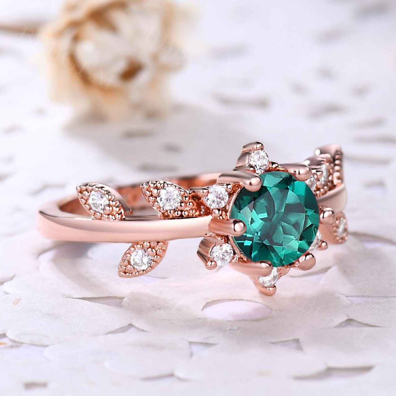 Leaf Engagement ring with Emerald Center Stone-Nature inspired Diamond Leaf ring