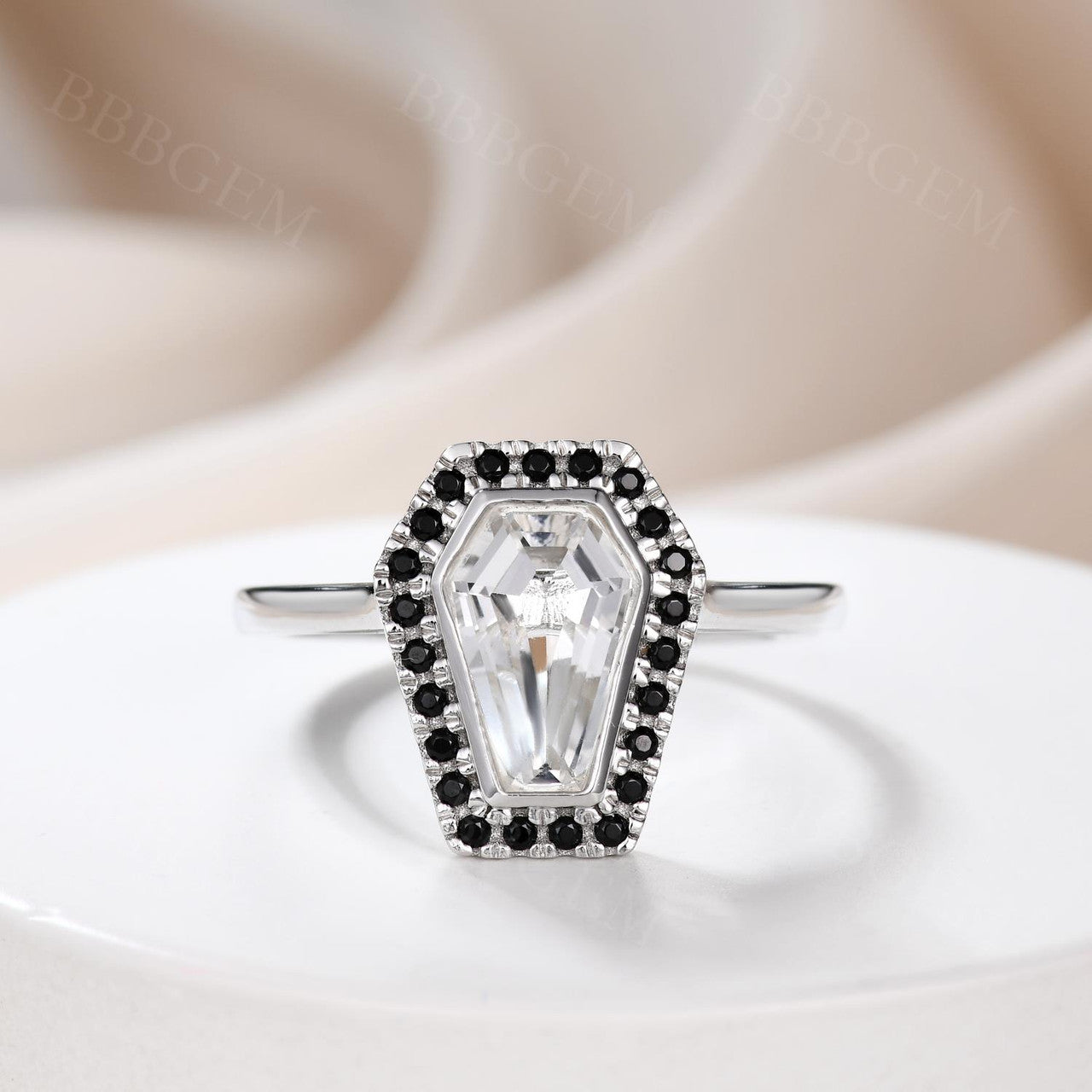 Gothic Limited Coffin Shape White Topaz Black Diamond Halo Wedding Rings White Gold 10k rose gold