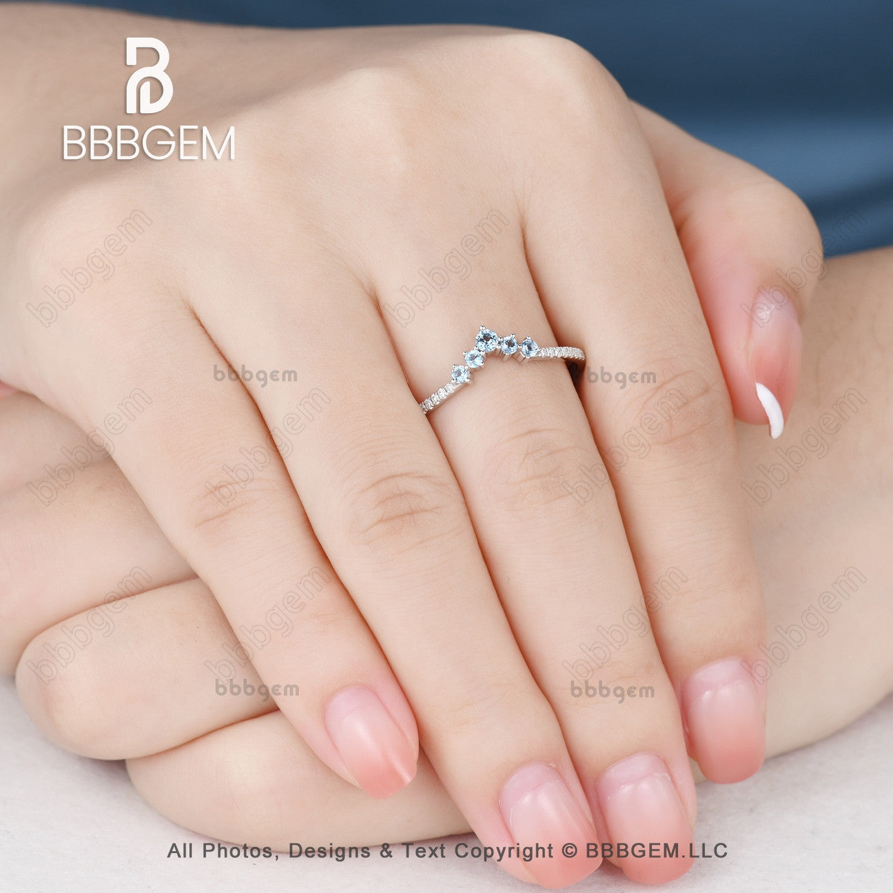 Curve Wedding band-blue topaz nesting band in 14k white gold-Women Curved Wedding Band 5 Stone-Chervon topaz band