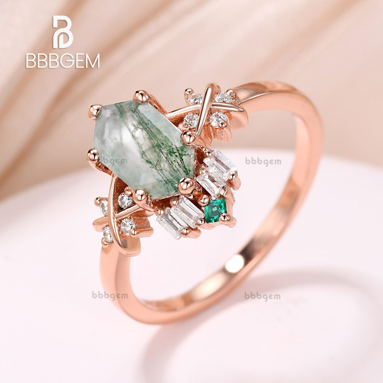 Long Hexagon Cut Moss Agate 14K Rose Gold Diamond Engagement Ring-Vintage 14K Rose Gold Hexagon Cut Moss Agate Engagement Ring Women