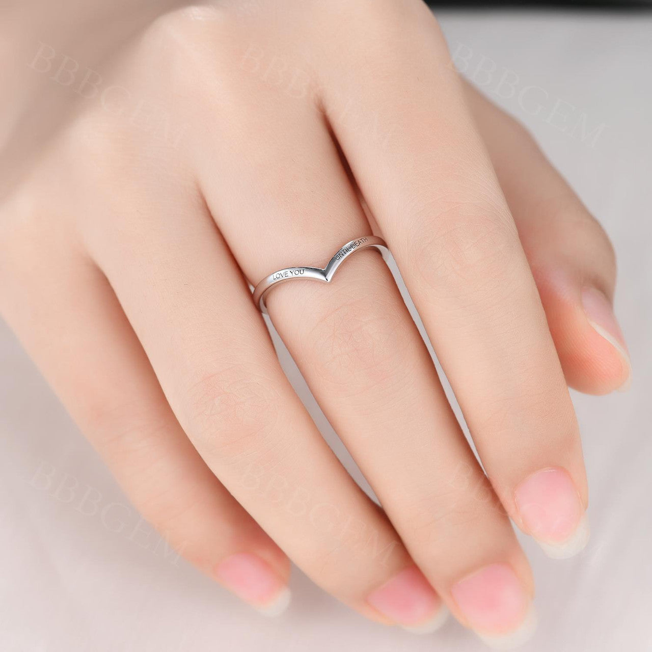 Love You Until Death Engraving Plain Gold V Shaped Band Curve Sterling Silver Ring Band