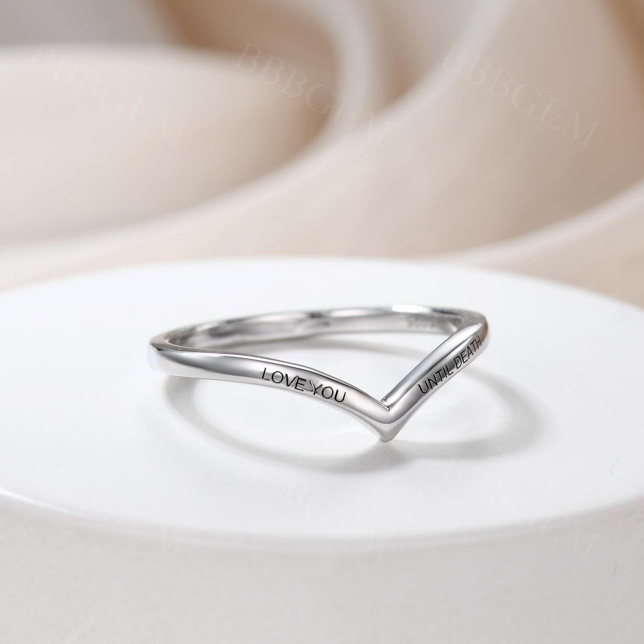 Love You Until Death Engraving Plain Gold V Shaped Band Curve Sterling Silver Ring Band