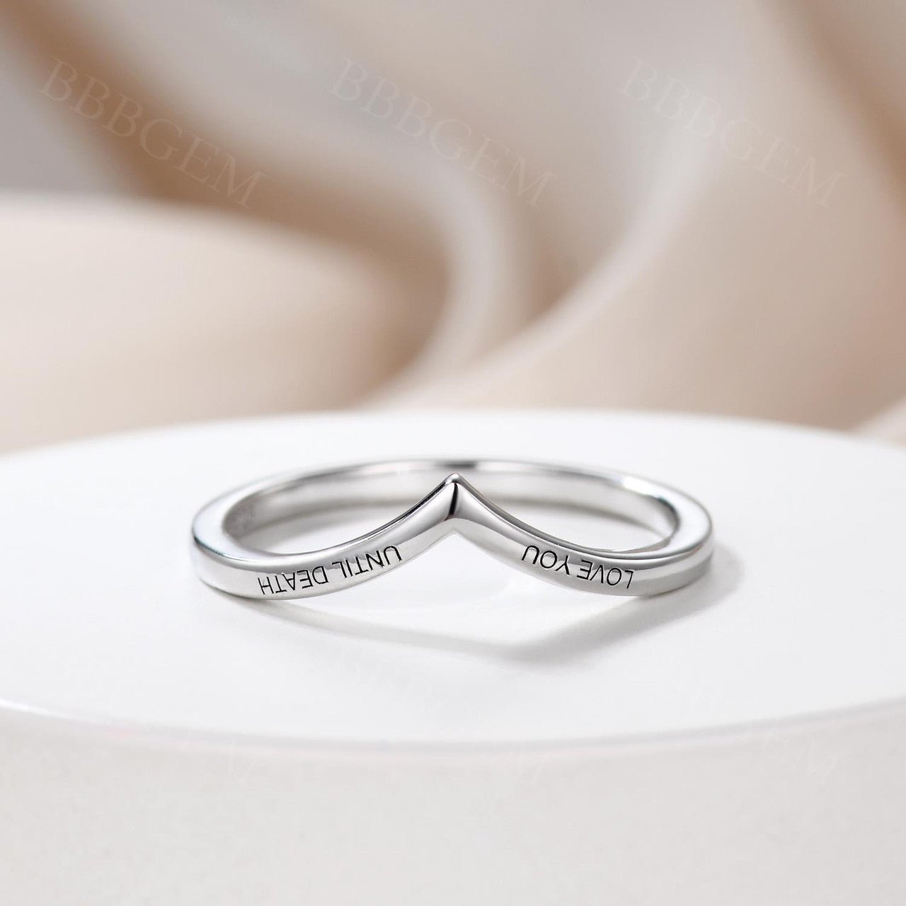 Love You Until Death Engraving Plain Gold V Shaped Band Curve Sterling Silver Ring Band
