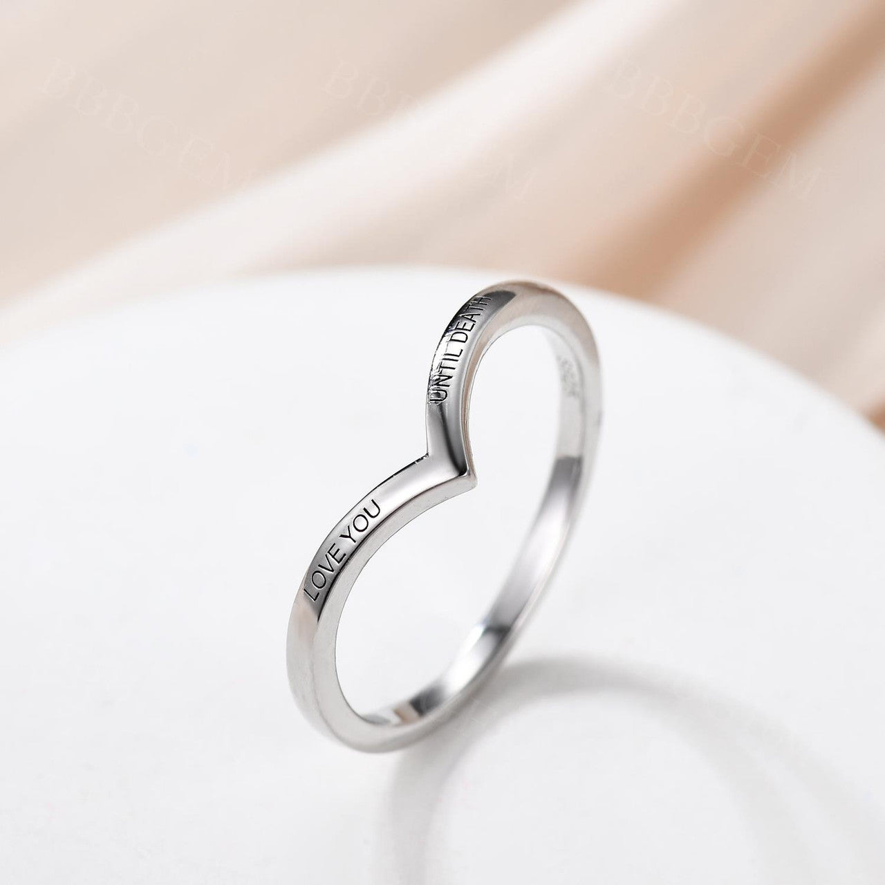 Love You Until Death Engraving Plain Gold V Shaped Band Curve Sterling Silver Ring Band