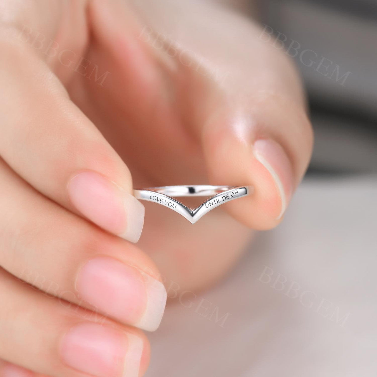 Love You Until Death Engraving Plain Gold V Shaped Band Curve Sterling Silver Ring Band
