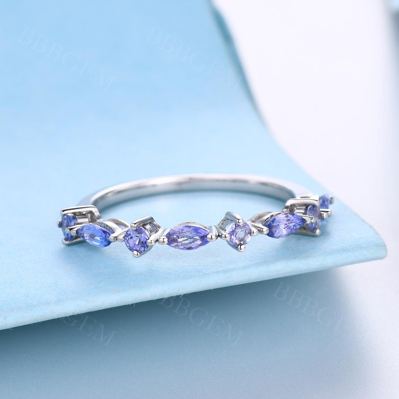Marquise & Round Natural Tanzanite Women Band Half Eternity Shared Prong Gemstone Ring Band