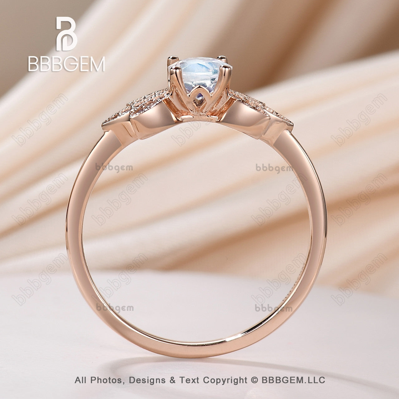 moonstone ring with butterfly wing shape-nature inspired engagement ring-Wildlife Engagement Rings-BBBGEM Mini Round Moonstone Wedding Rings