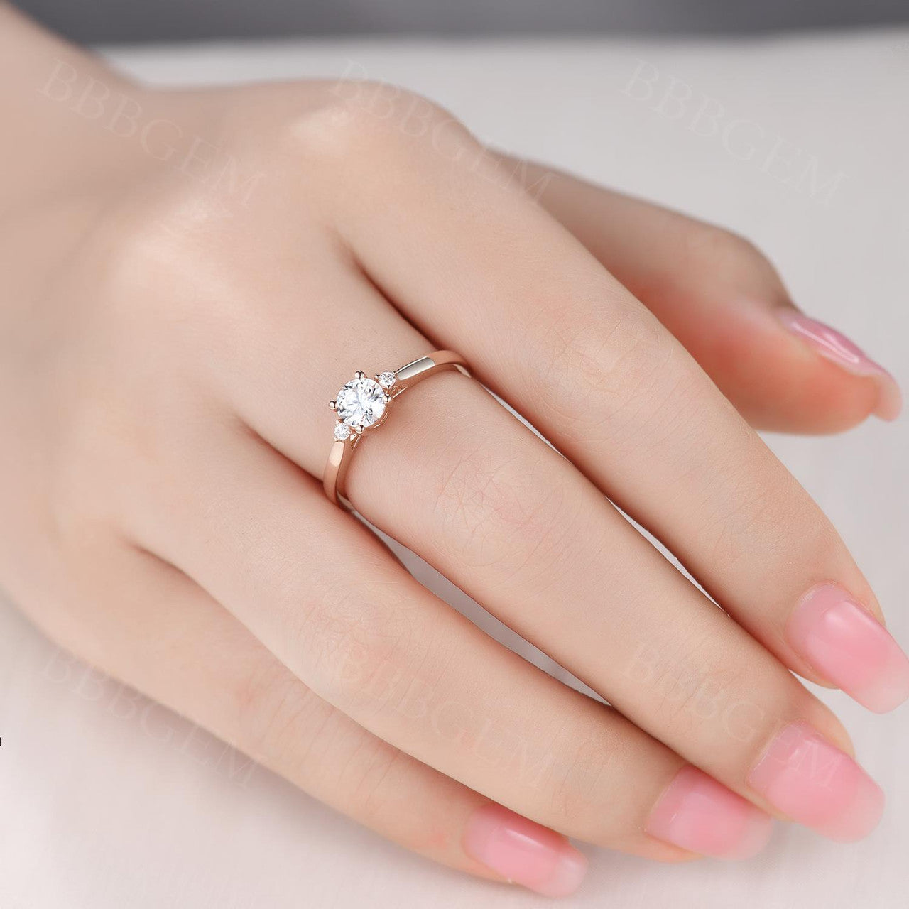 Mini Delicate Moissanite Engagement Ring 18K Rose Gold-Round Moissanite Wedding Ring Three Stone-Straight Shank