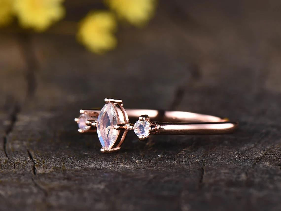Mini Moonstone Engagement Ring-Three Stone Moonstone Wedding Rings-BBBGEM Moonstone Jewelry