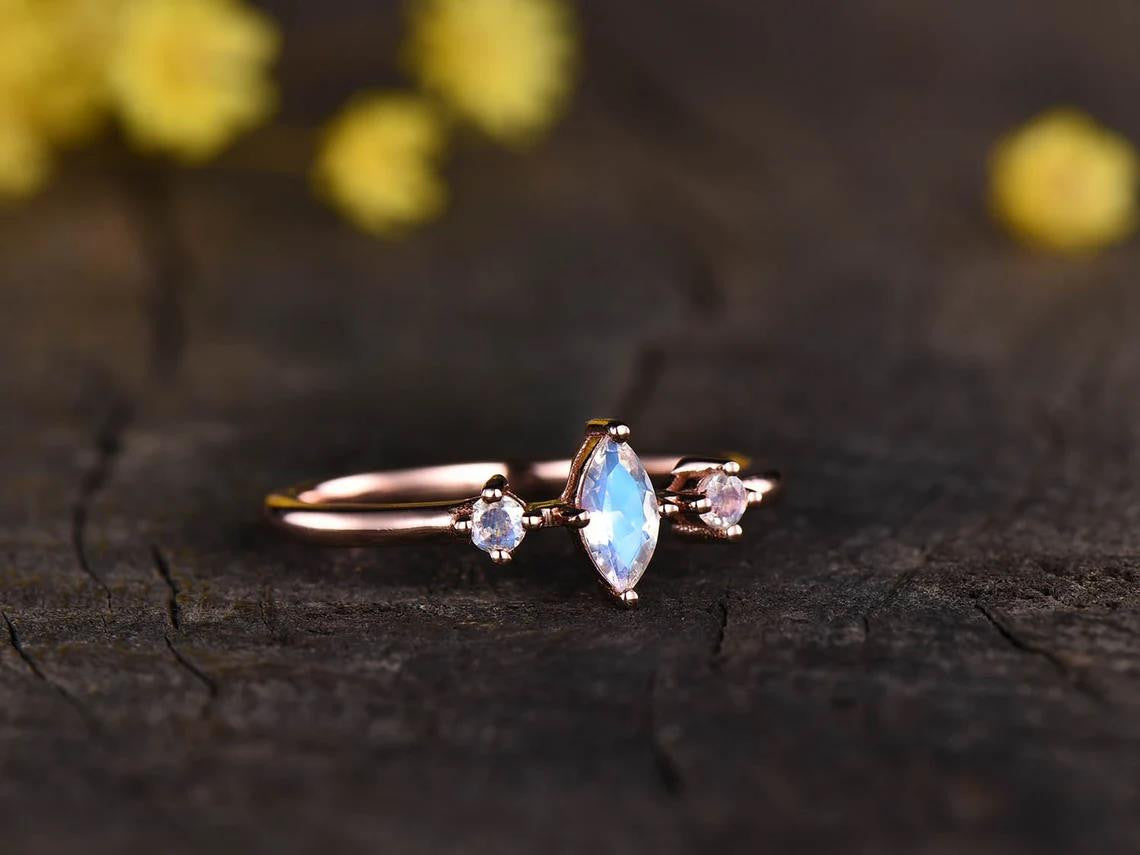 Mini Moonstone Engagement Ring-Three Stone Moonstone Wedding Rings-BBBGEM Moonstone Jewelry