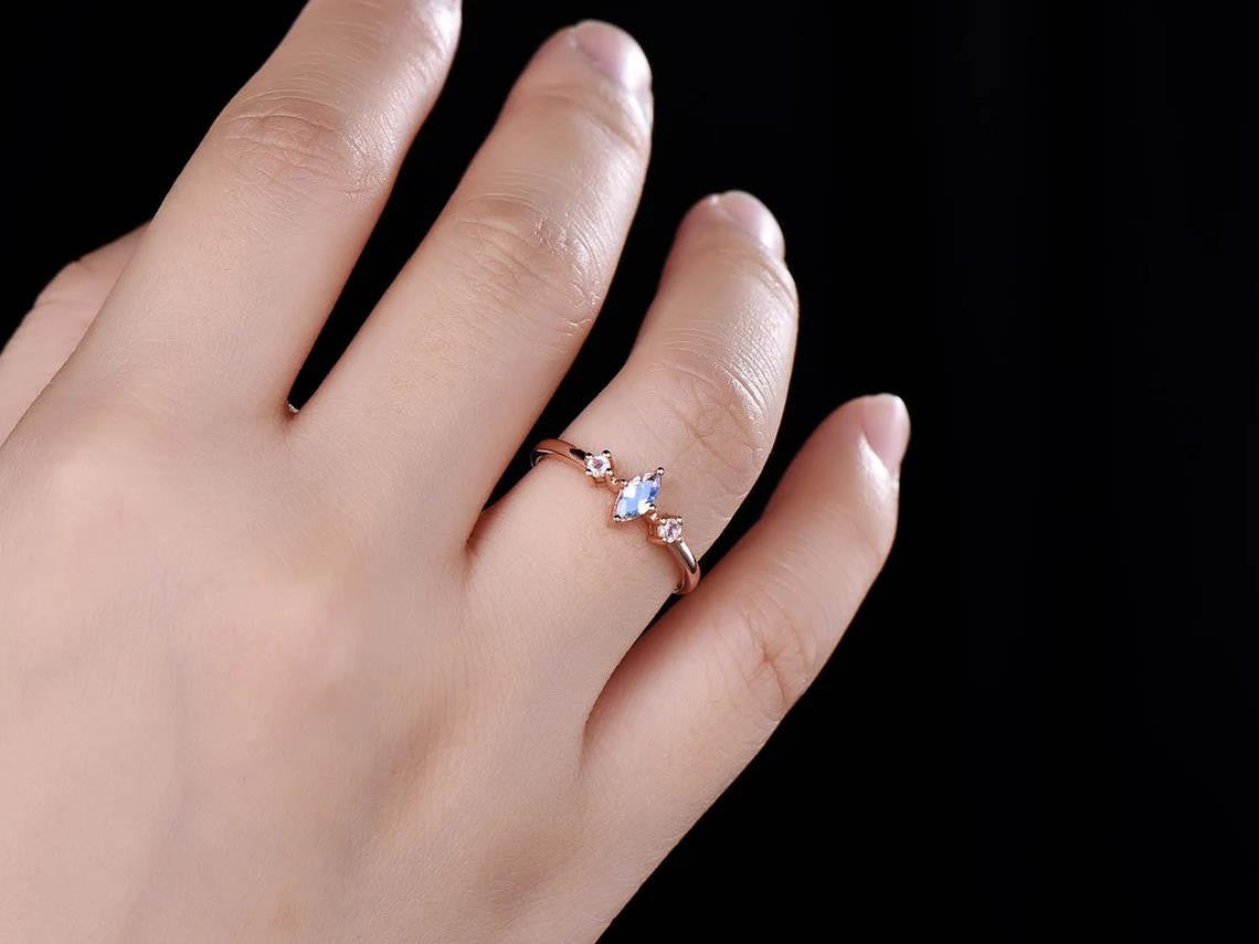 Mini Moonstone Engagement Ring-Three Stone Moonstone Wedding Rings-BBBGEM Moonstone Jewelry