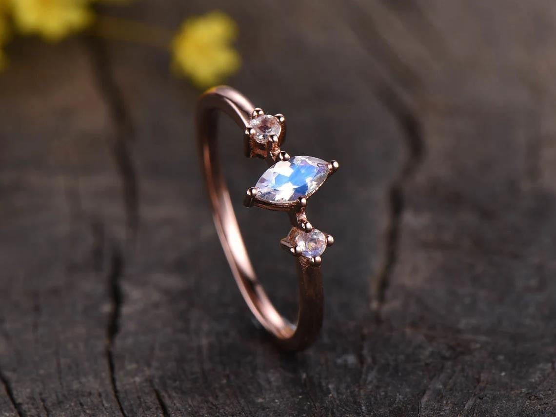 Mini Moonstone Engagement Ring-Three Stone Moonstone Wedding Rings-BBBGEM Moonstone Jewelry