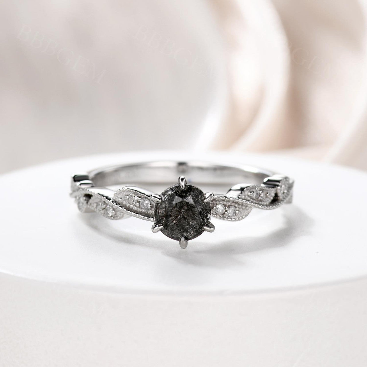 Mini Natural Black Rutilated Quartz Engagement Ring Diamond Ring White Gold-Retro Black Rutilated Quartz Wedding Ring 14k White Gold-BBBGEM Black Tourmaline Bridal Rings