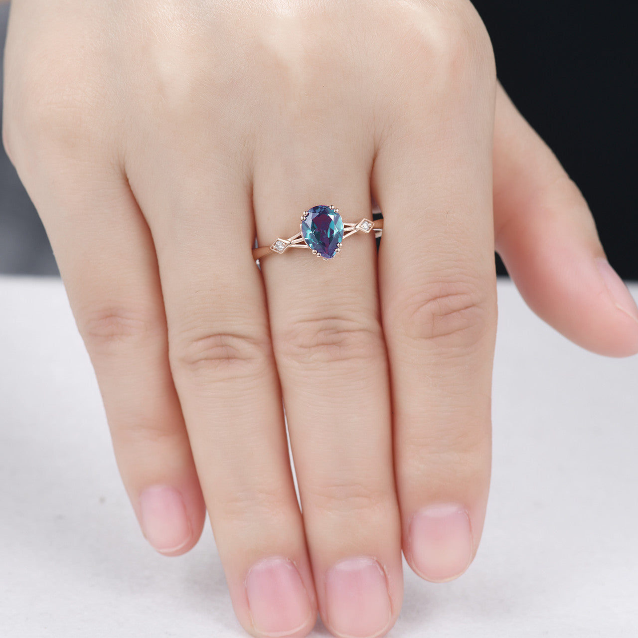 Minimalist 14K Rose Gold Three Stone Pear Shaped Alexandrite Engagement Ring With Square Accents