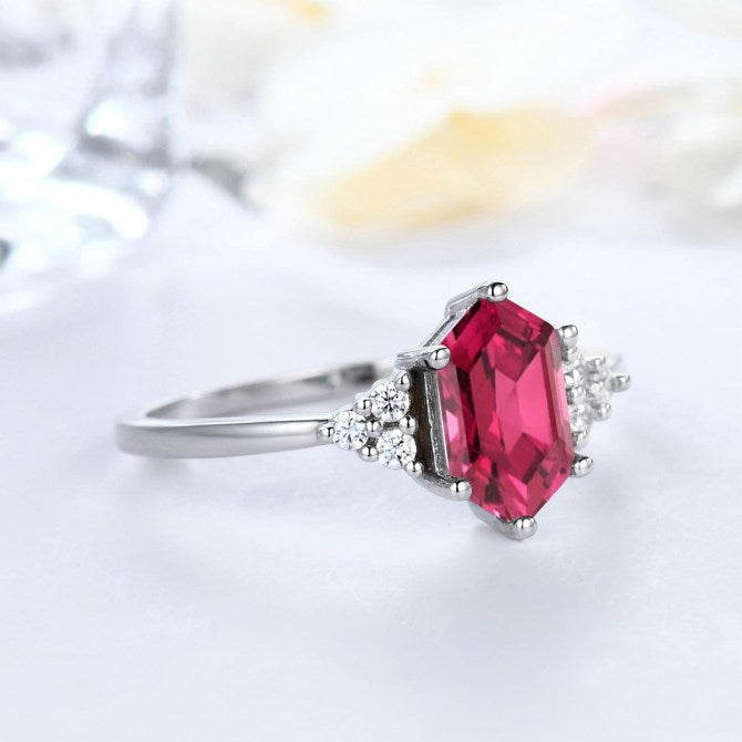 Minimalist Elongated Hexagon Lab Ruby Engagement Rings Diamond Cluster 7 Stones 18K White Gold