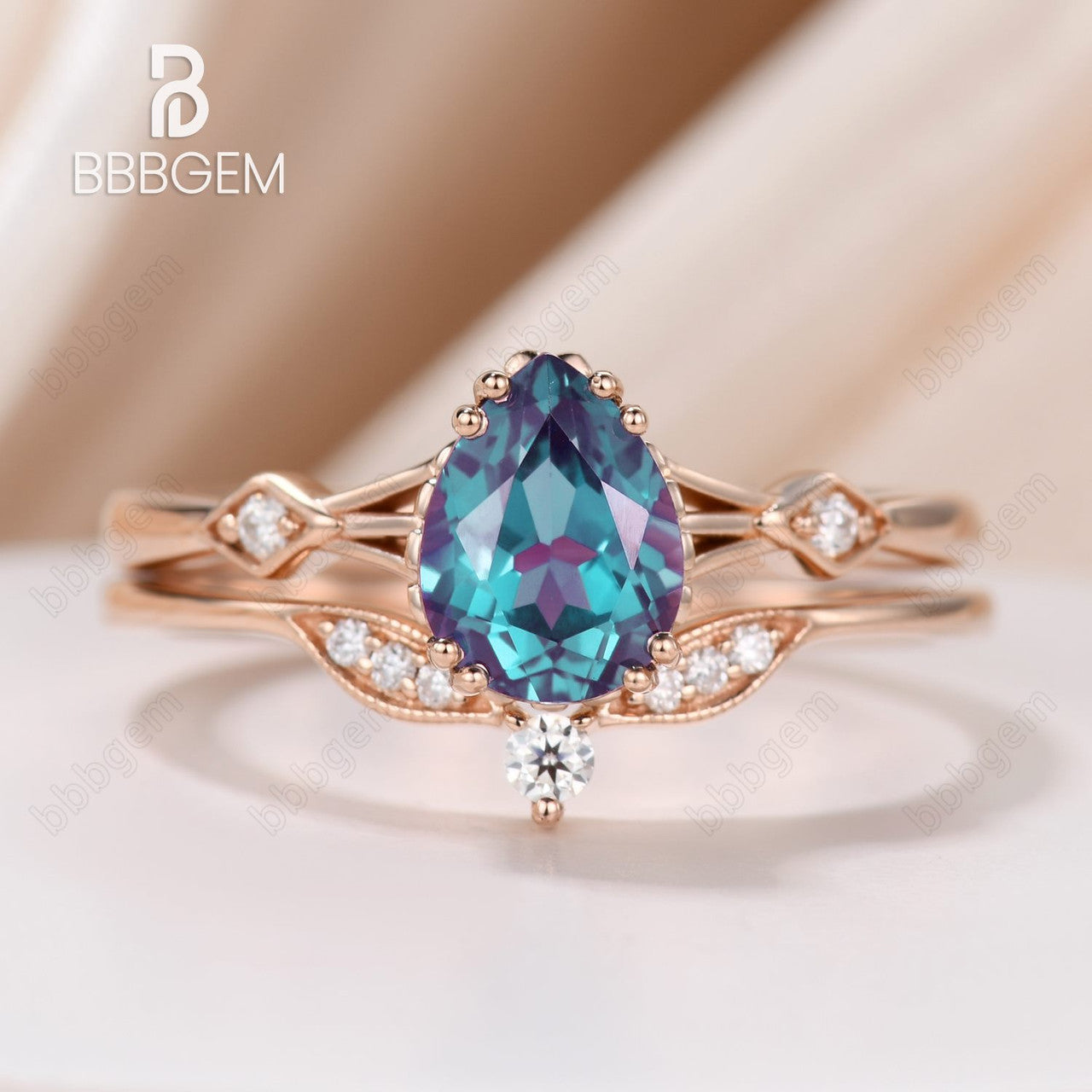 Minimalist Pear Shaped Alexandrite Engagement Ring Set Square Diamond Three Stone Curved Diamond Band