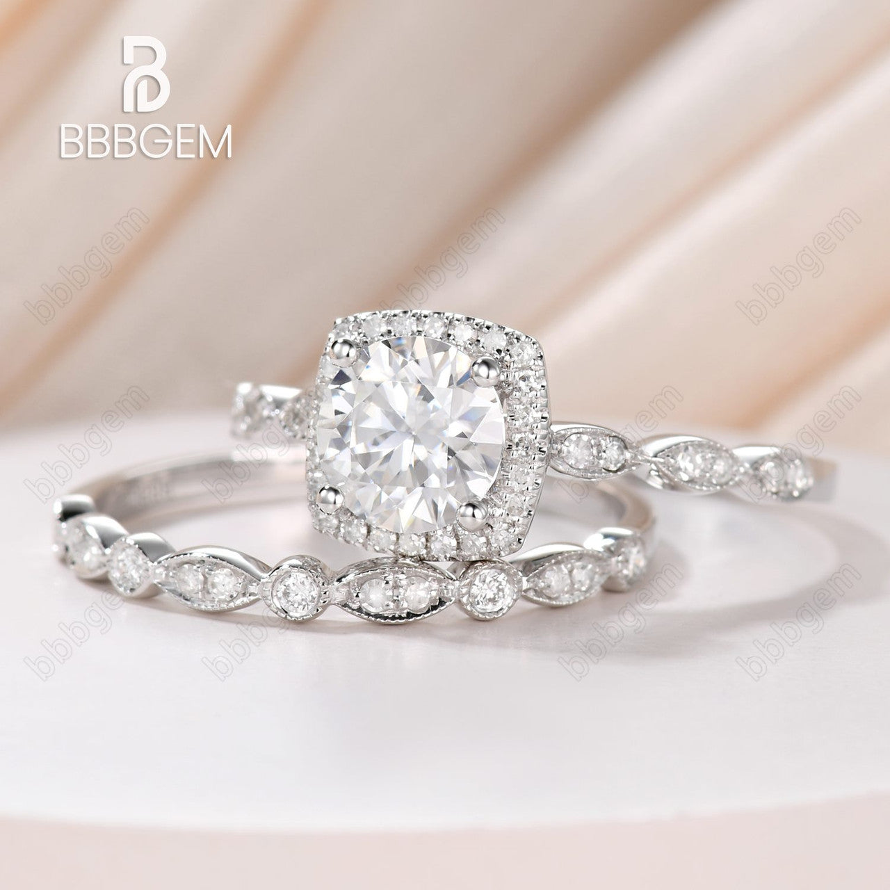 Moissanite Engagement Ring Set Art Deco Diamond Wedding Band 6.5mm Round Cut Moissanite Cushion Diamond Halo 14k White Gold Marquise Ring