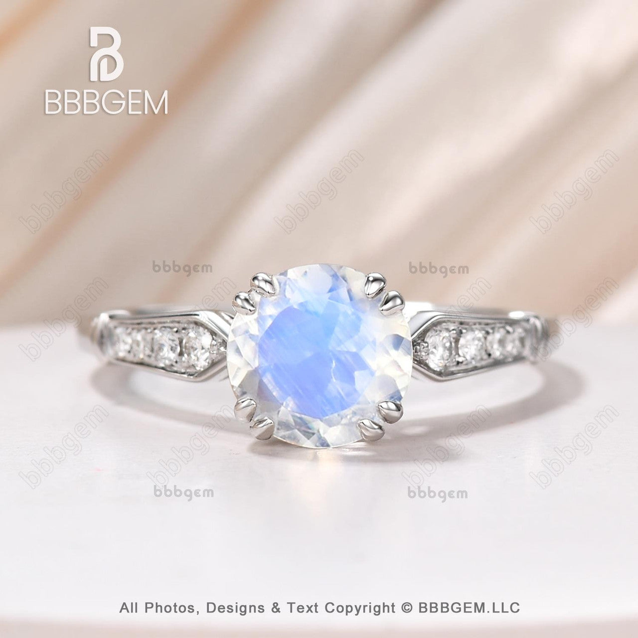 7mm Round Moonstone Cathedral Ring Hidden Halo White Gold Band BBBGEM