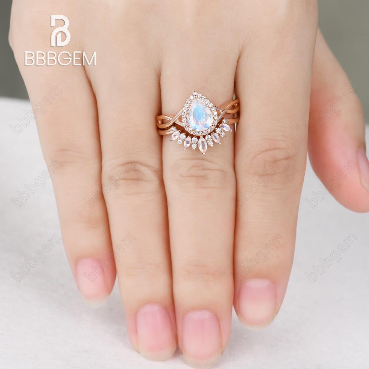 Moonstone Bridal Set Unique Moonstone Band Marquise Pear shaped Bridal set infinity band 14k rose gold