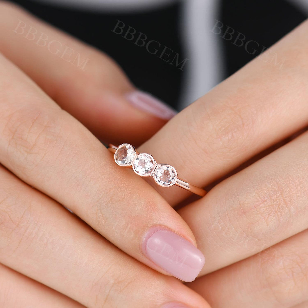 Three Stone Morganite Wedding Ring Minimalist Three Stone Bridal Promise Anniversary Gift Rose Gold