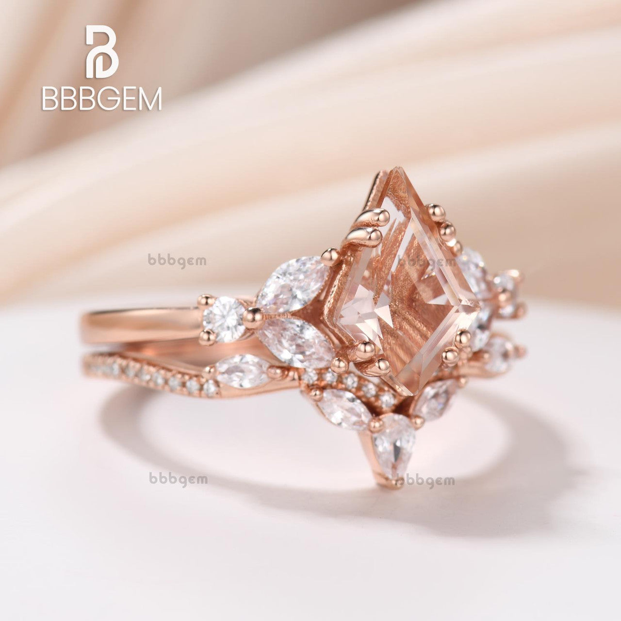 Morganite Wedding Ring set for Love-Kite shape natural morganite ring set-Kite cut morganite bridal ring set rose gold-bbbgem