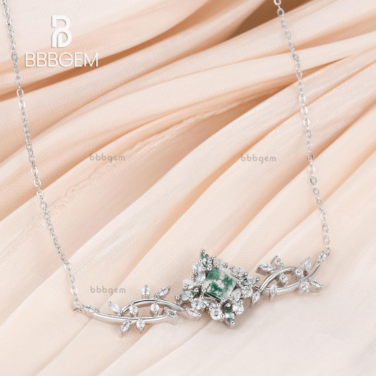 Natural Inspired Moss Agate Diamond Necklace White Gold-Vine Cluster Gree Moss Agate Pendant Necklace
