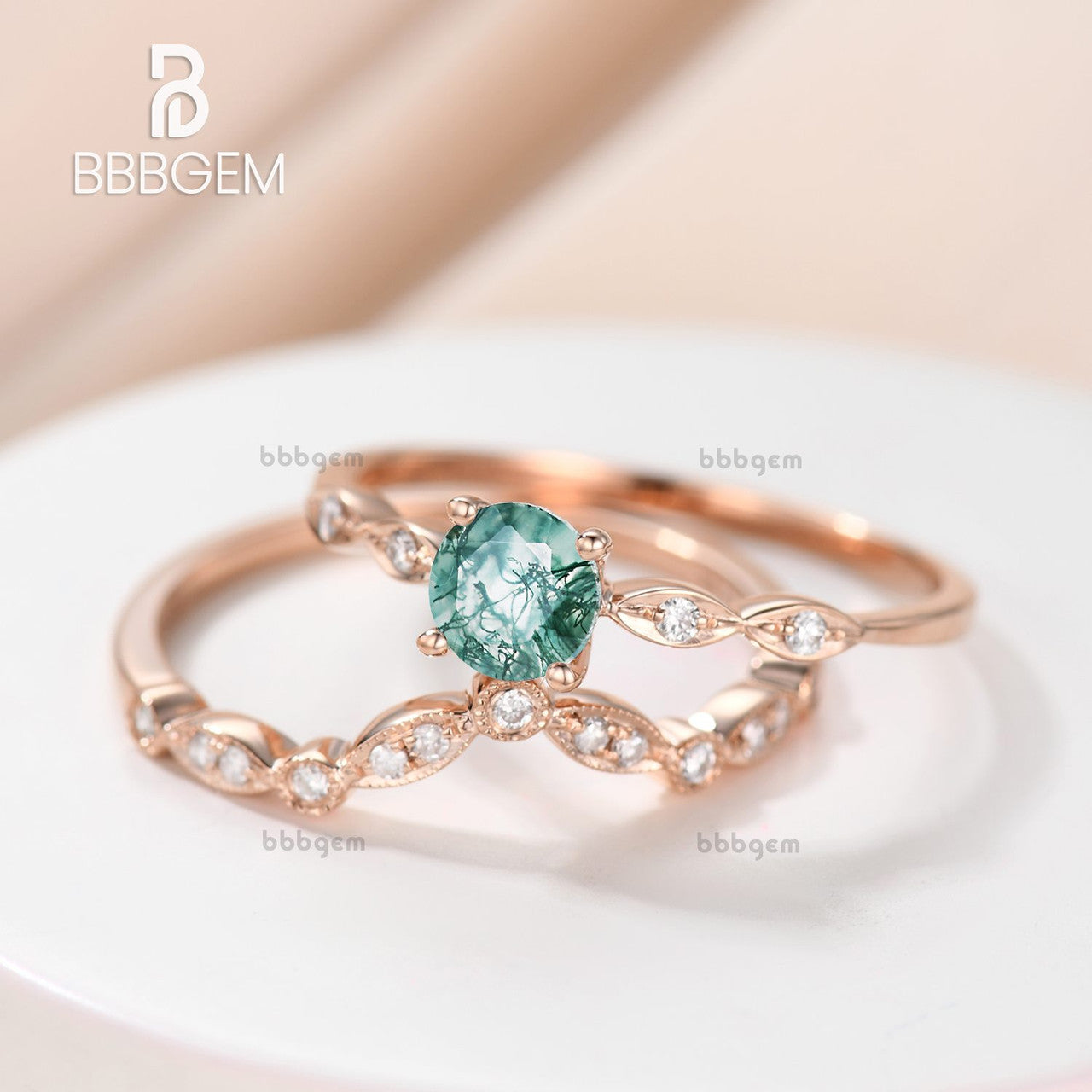 Natural Moss Agate Ring Set Rose Gold Diamond Wedding Ring Bridal Ring Women