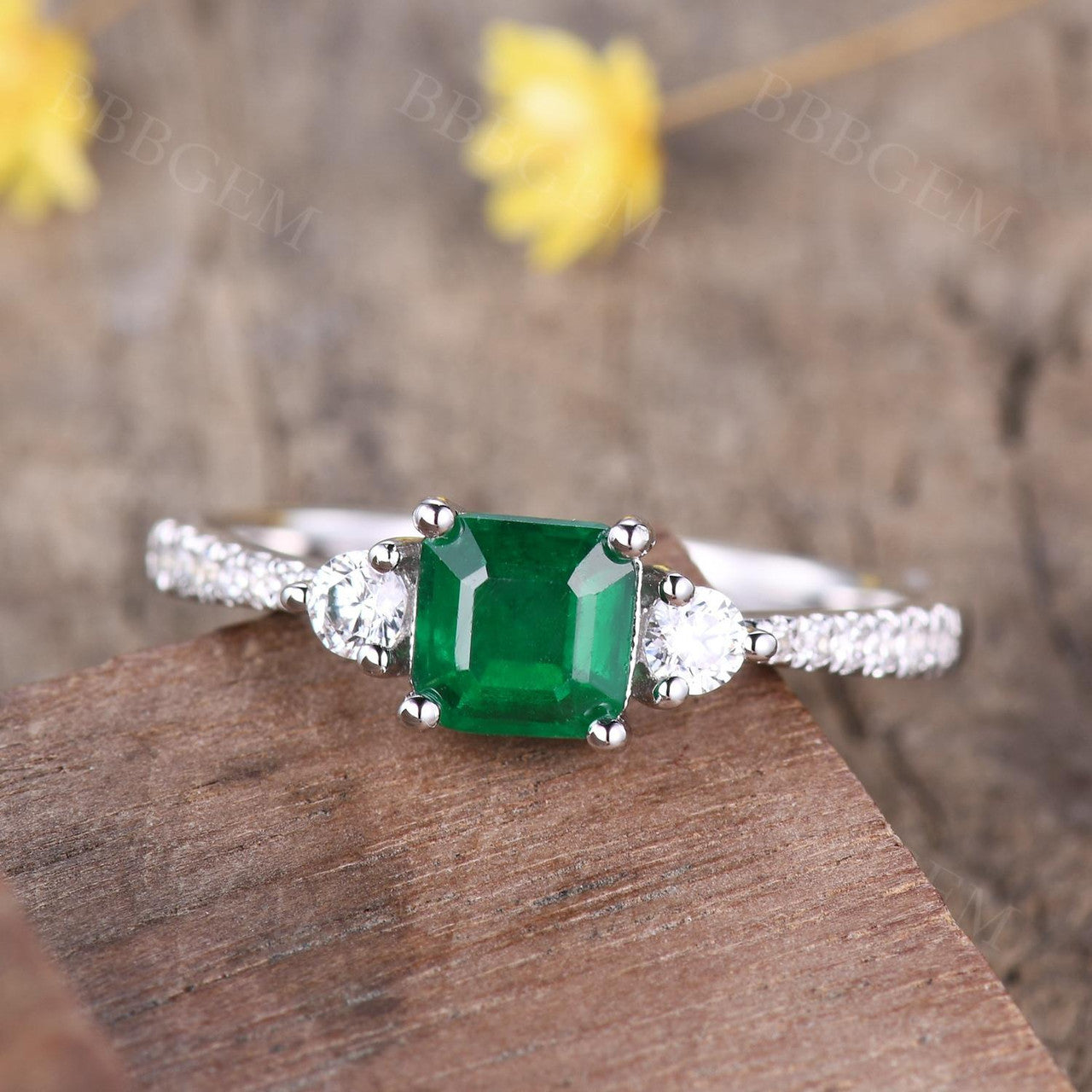 Natural Zambian Emerald Gemstone Ring-Square Cut Emerald Green Ring-Three Stone Natural Emerald Diamond Engagement Ring