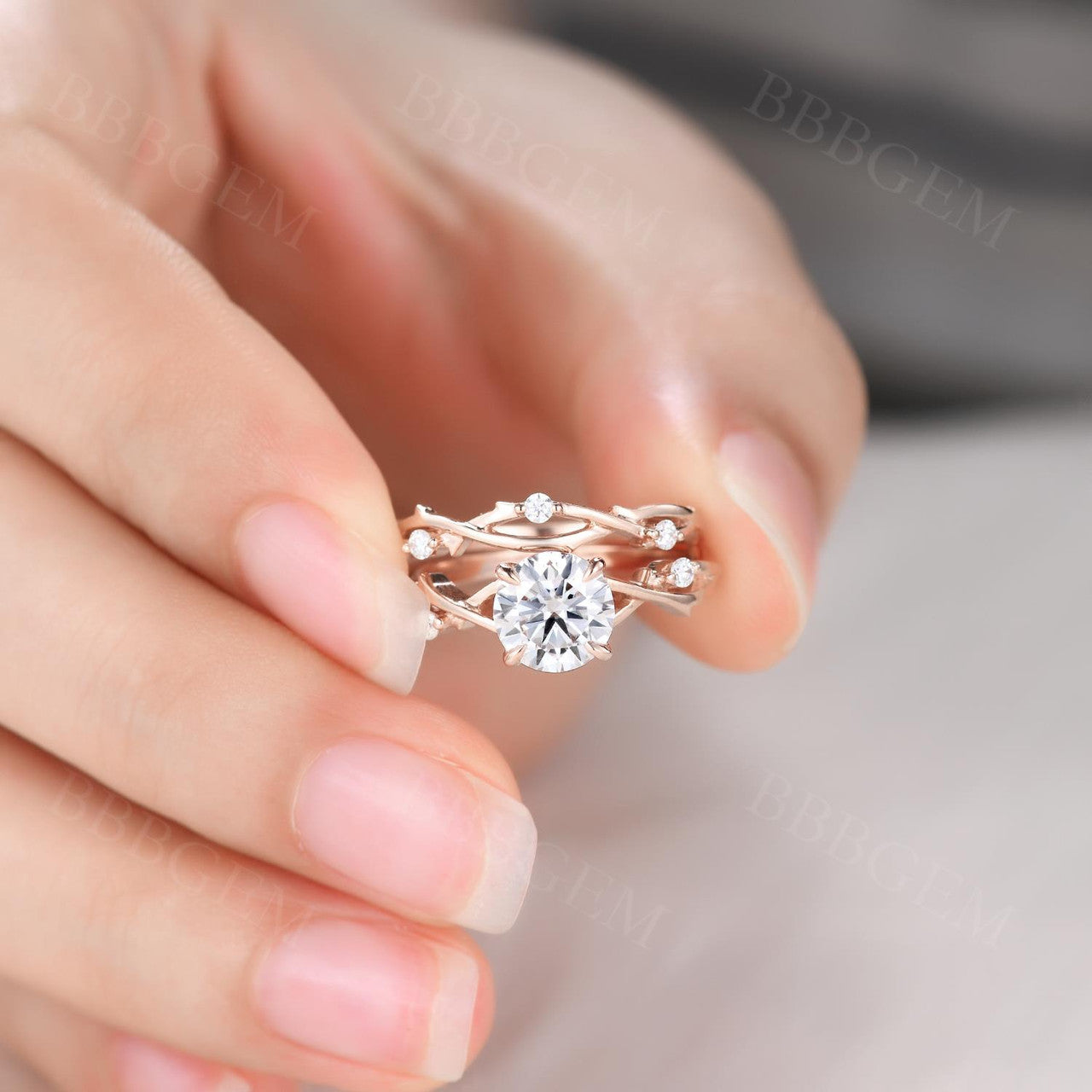 1 CT Dainty Twig Engagement Set, Rose Gold Branch Bridal Set, Nature Inspired Wedding Set