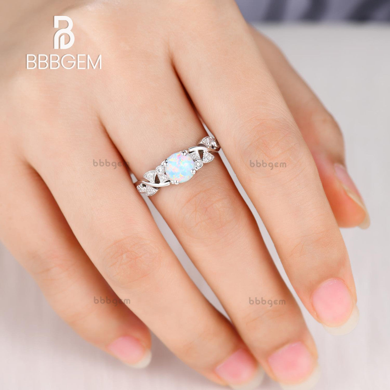 Nature inspired opal engagement ring with vine leaf-white gold opal gold ring-round opal wedding ring