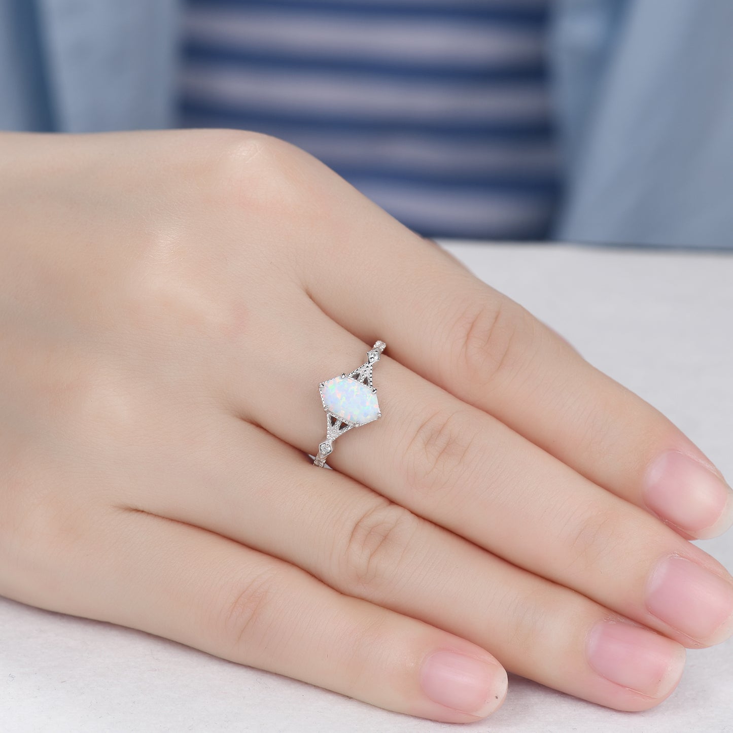 Vintage Long Hexagon Cut White Opal Ring Diamond Art Deco Engagement Ring