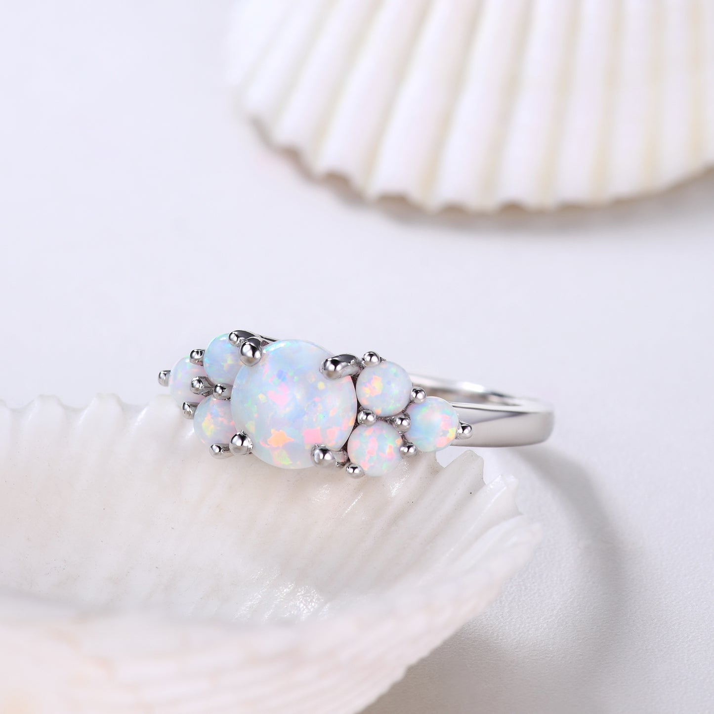 7mm Round White Opal Engagement Ring Cluster White Gold Small Opal Accents