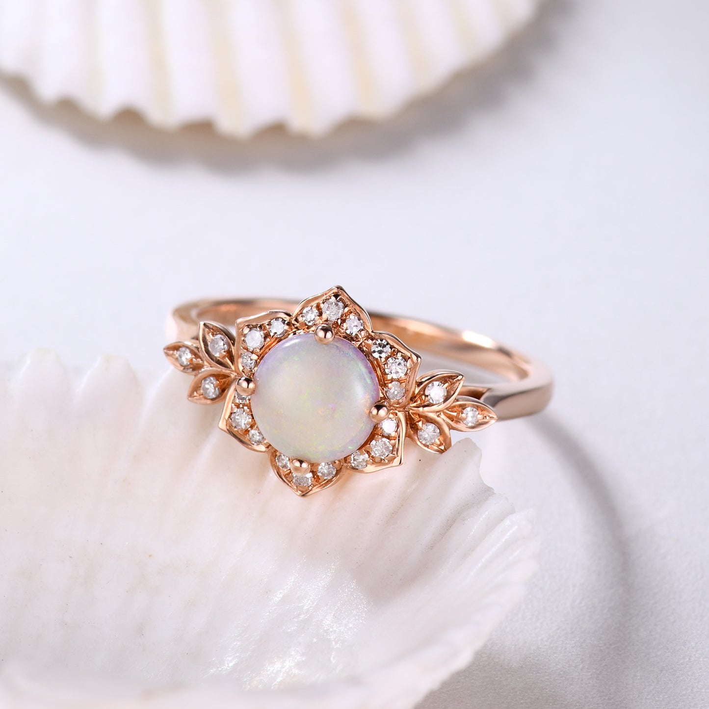Round White Opal and Moissanite Diamond Engagement Ring Halo Floral