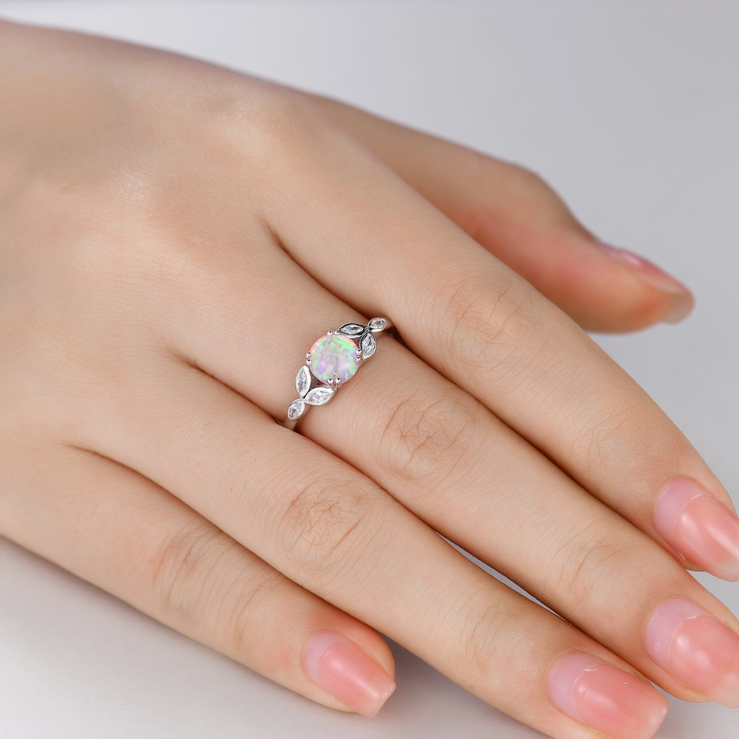 Seven Stones Pink Opal and Marquise Moissanite Engagement Ring White Gold