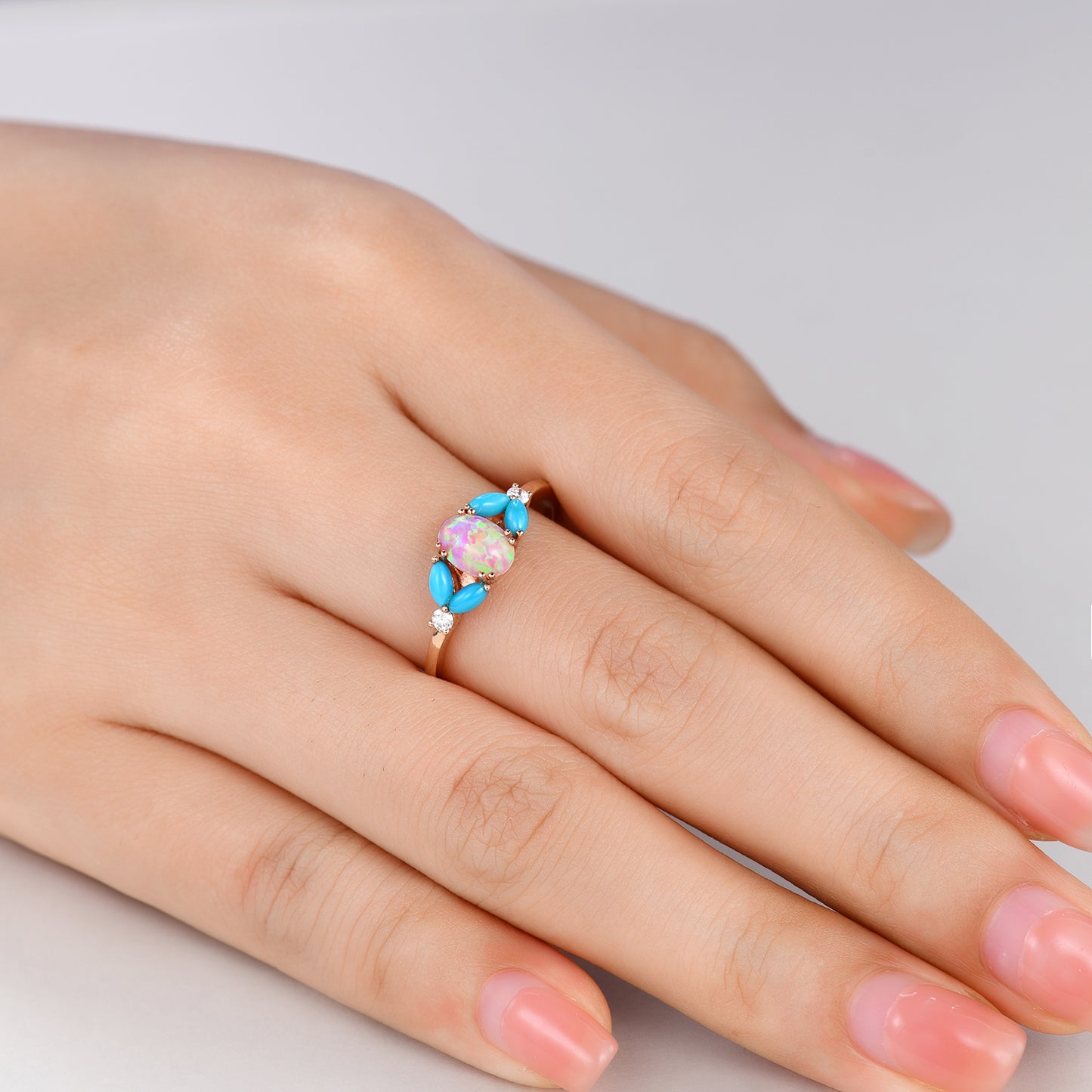 Floral Pink Opal with Marquise Turquoise Diamond Engagement Ring in Solid Rose Gold