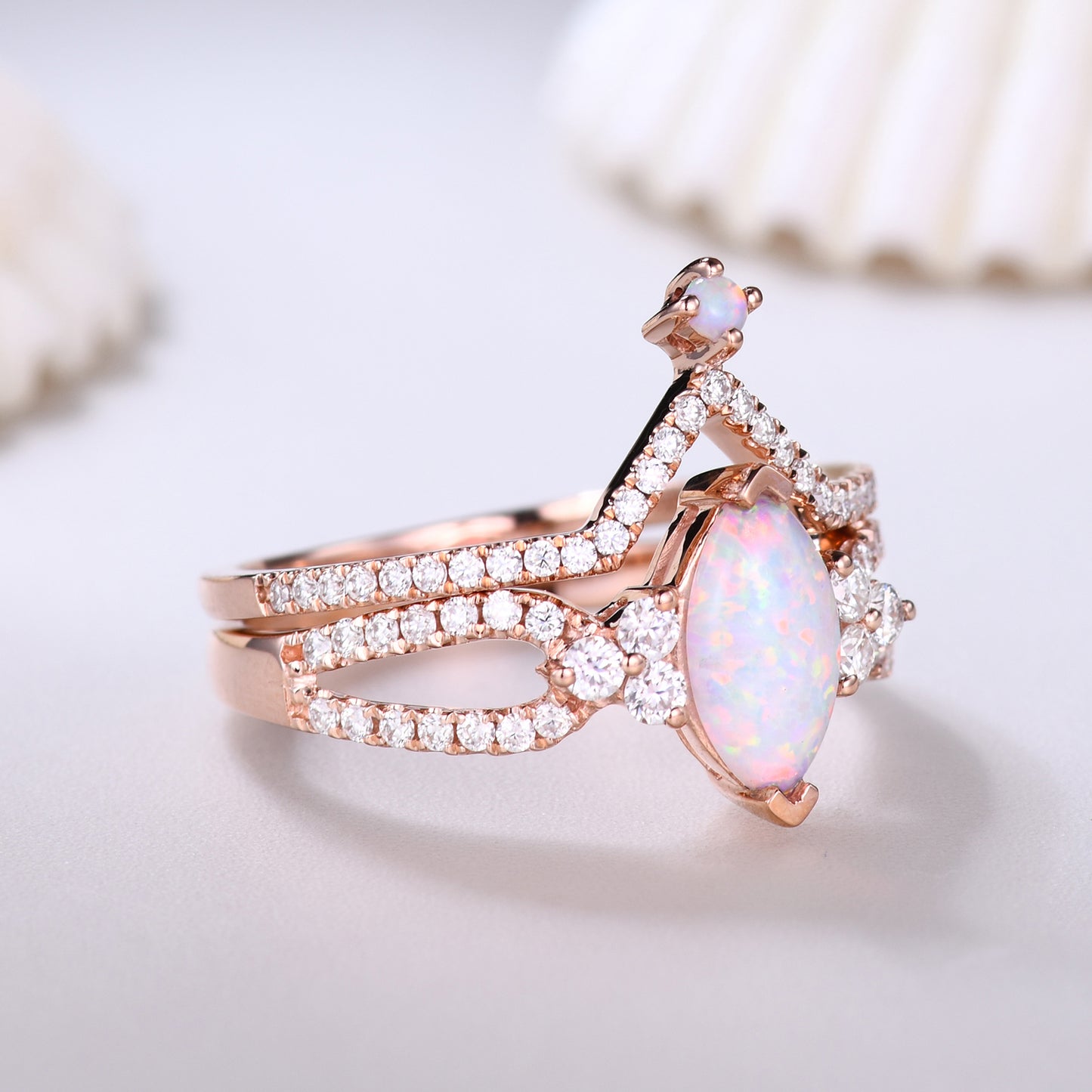 Unique Vintage Marquise Opal Engagement Ring Set Rose Gold Curved V Moissanite Band