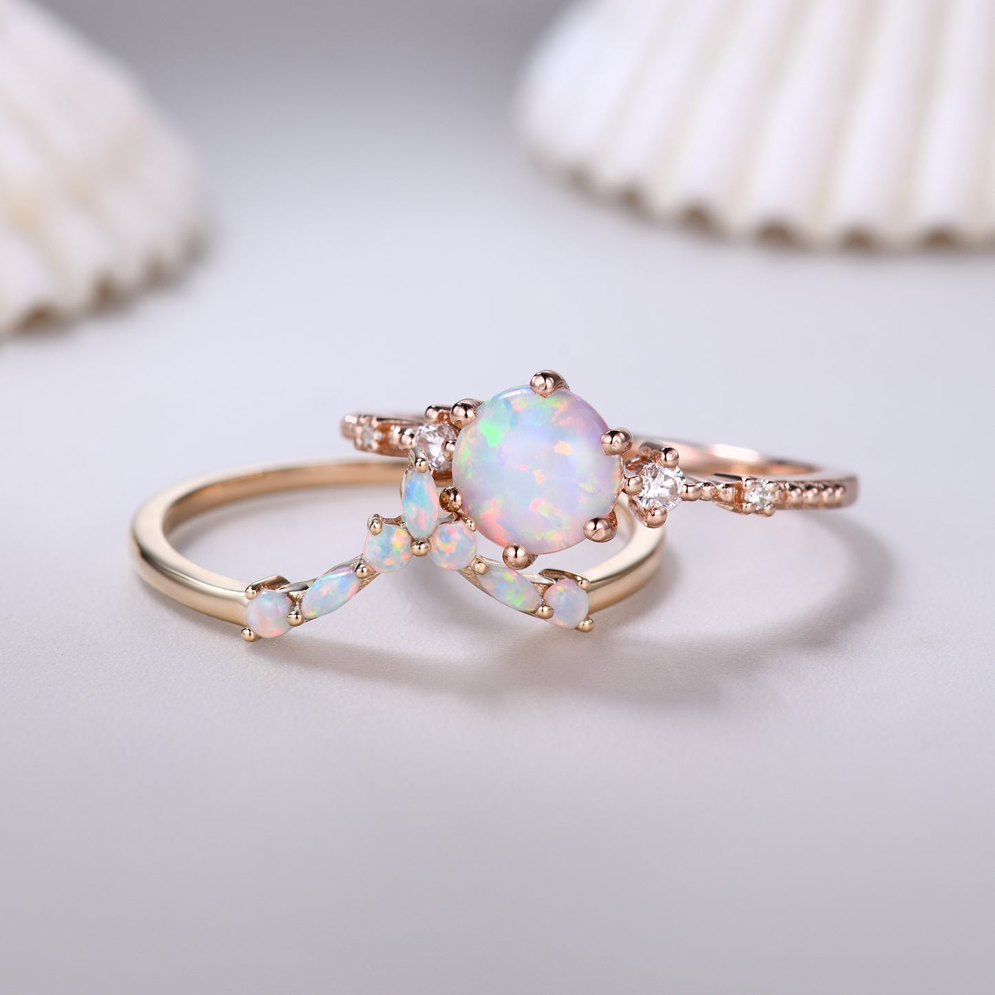 Round Opal Bridal Ring Set in Solid 14K Gold Opal Curved Wedding Band Anniversary Gift