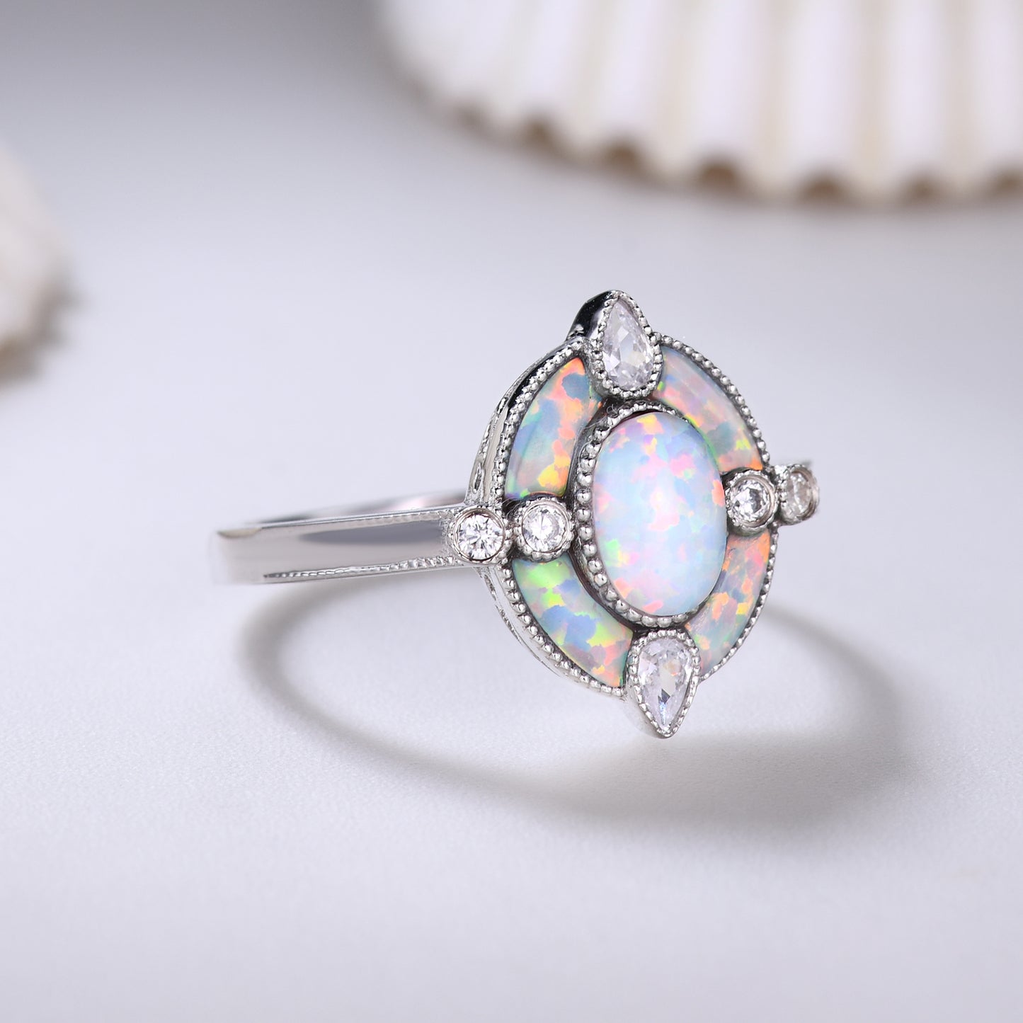 Antique White Opal Halo Engagement Ring Vintage Oval cut Ring Cocktail Ring October Birthstone Gift