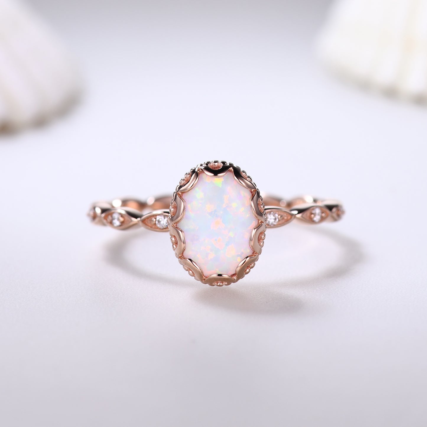 Filigree White Opal Bridal Ring Rose Gold Full Eternity Band Anniversary October Birthstone Gift