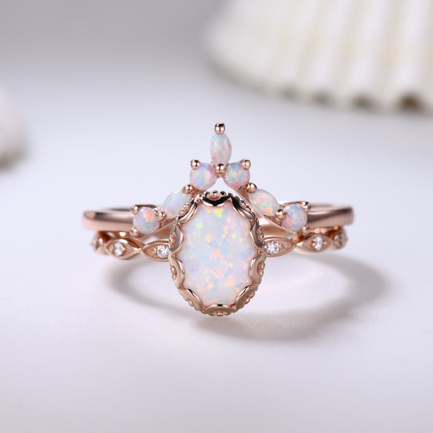 Oval Opal and Diamond Bridal Ring Set 14K Rose Gold Opal Curved Wedding Band Anniversary Gift