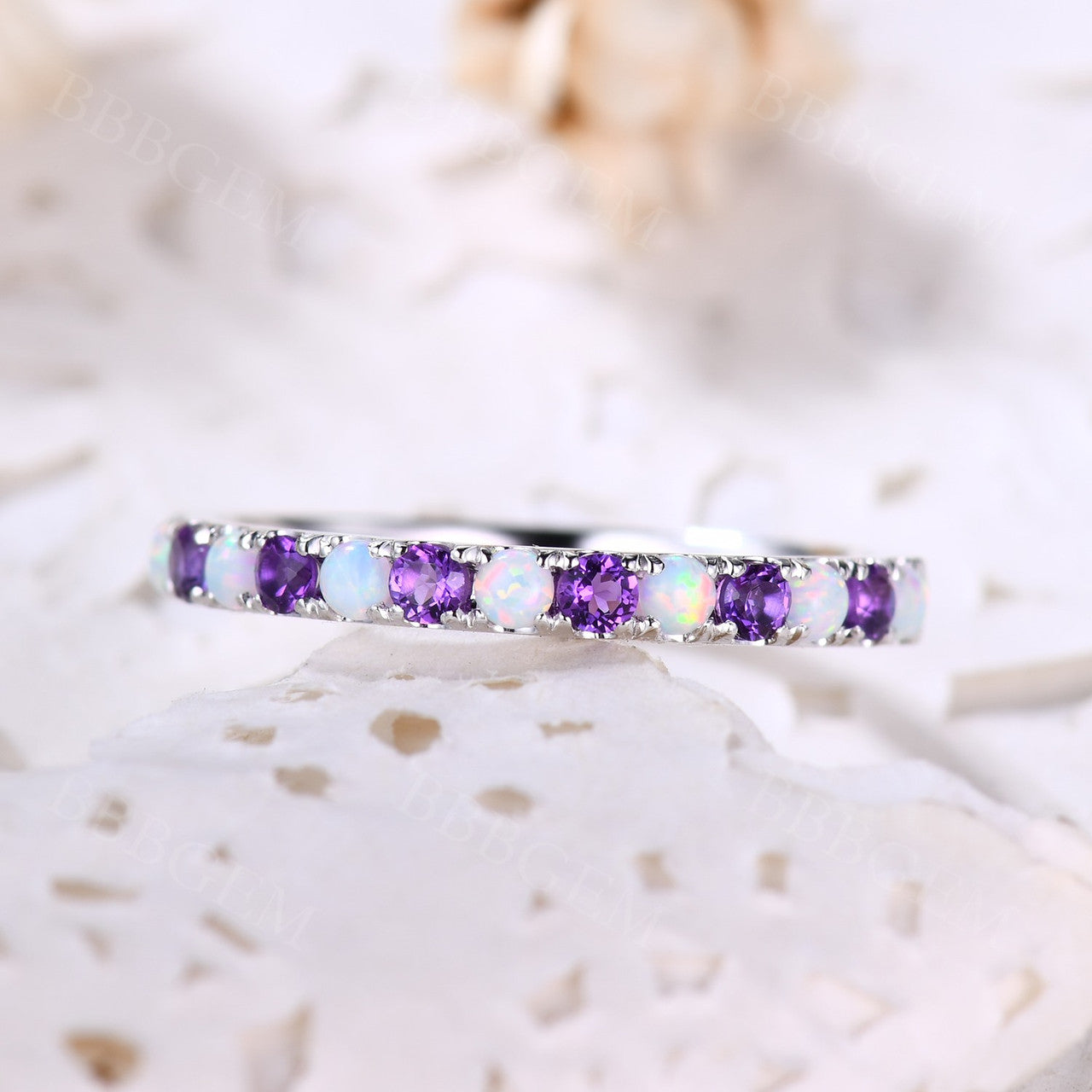 half eternity opal amethyst wedding band